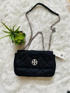 Tory Burch Willa Quilted Black Shoulder Bag with Chain Strap